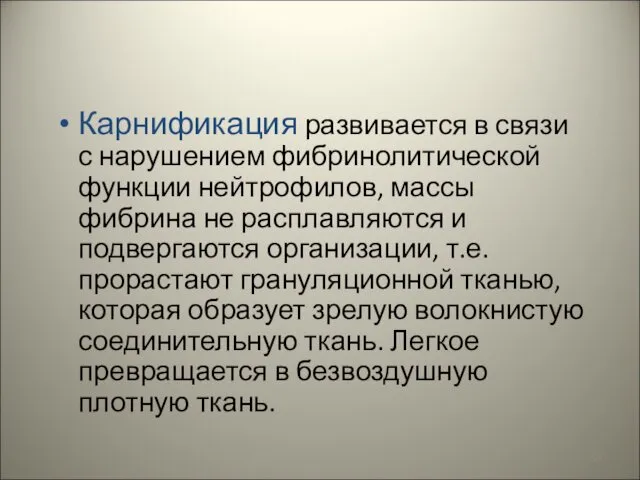 Карнификация развивается в связи с нарушением фибринолитической функции нейтрофилов, массы фибрина