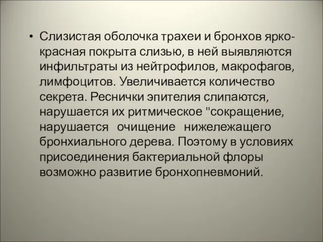 Слизистая оболочка трахеи и бронхов ярко-красная покрыта слизью, в ней выявляются