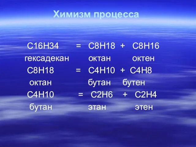 Химизм процесса C16H34 = C8H18 + C8H16 гексадекан октан октен C8H18