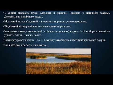 У лиман впадають річки: Молочна (з півночі), Тащенак (з північного заходу),