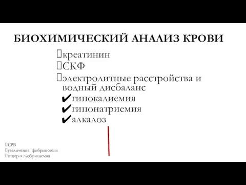 БИОХИМИЧЕСКИЙ АНАЛИЗ КРОВИ креатинин СКФ электролитные расстройства и водный дисбаланс гипокалиемия