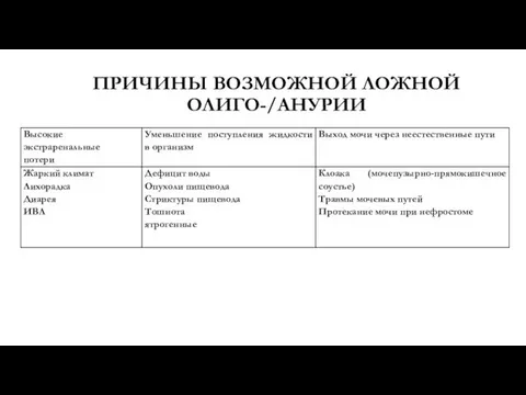 ПРИЧИНЫ ВОЗМОЖНОЙ ЛОЖНОЙ ОЛИГО-/АНУРИИ