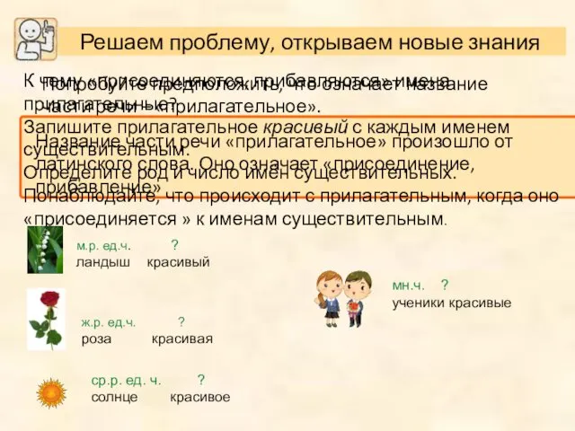 Попробуйте предположить, что означает название части речи – «прилагательное». К чему