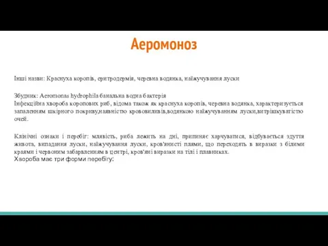 Аеромоноз Інші назви: Краснуха коропів, еритродермія, черевна водянка, наїжучування луски Збудник: