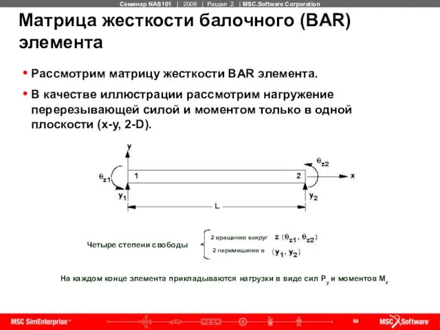 Матрица жесткости балочного (BAR) элемента Рассмотрим матрицу жесткости BAR элемента. В