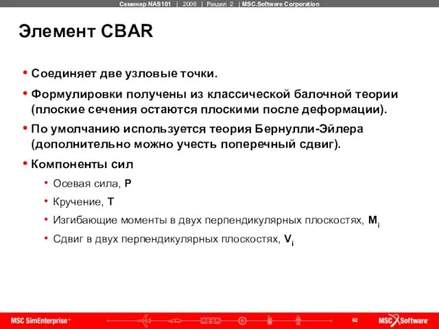 Элемент CBAR Соединяет две узловые точки. Формулировки получены из классической балочной