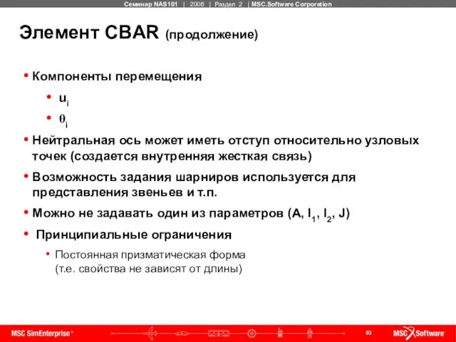 Элемент CBAR (продолжение) Компоненты перемещения ui θi Нейтральная ось может иметь