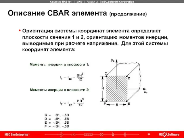 Описание CBAR элемента (продолжение) Ориентация системы координат элемента определяет плоскости сечения