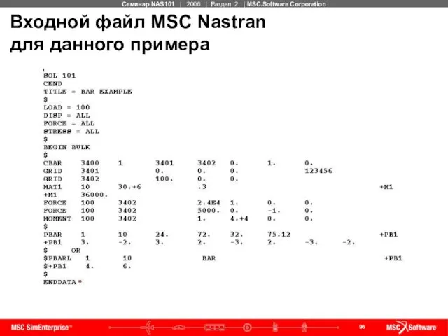 Входной файл MSC Nastran для данного примера