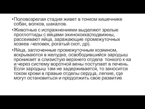 Половозрелая стадия живет в тонком кишечнике собак, волков, шакалов. Животные с