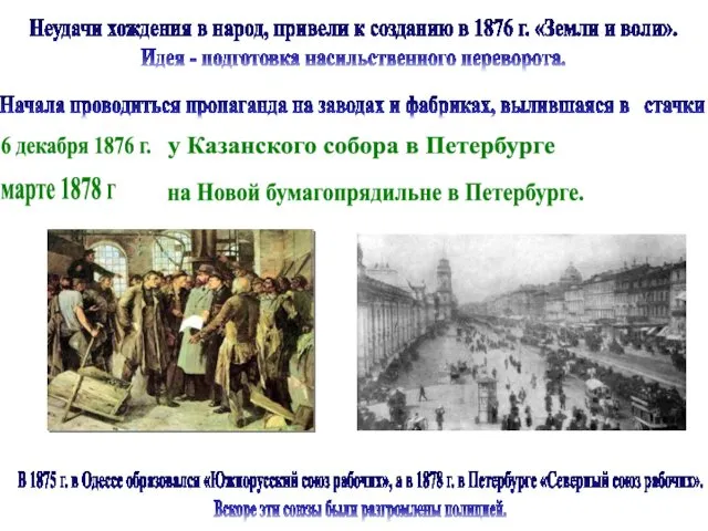 Неудачи хождения в народ, привели к созданию в 1876 г. «Земли