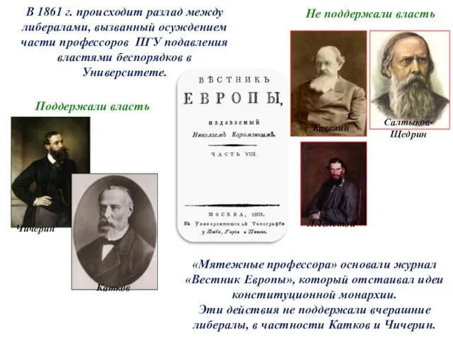 «Мятежные профессора» основали журнал «Вестник Европы», который отстаивал идеи конституционной монархии.