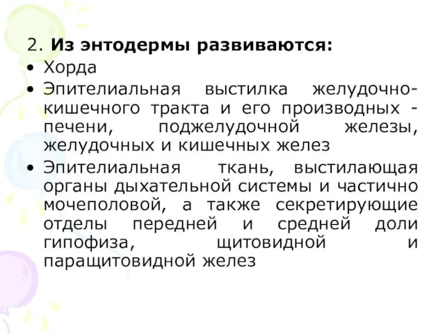 2. Из энтодермы развиваются: Хорда Эпителиальная выстилка желудочно-кишечного тракта и его