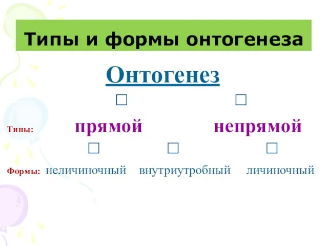 Типы и формы онтогенеза Онтогенез ? ? Типы: прямой непрямой ?