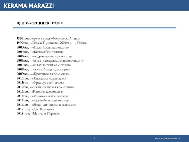 а) коллекции по годам 1992год–первая серия «Февральский снег» 1999год–«Сказки Пушкина» 2001год