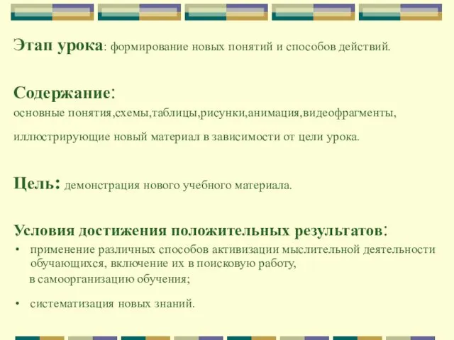 Этап урока: формирование новых понятий и способов действий. Содержание: основные понятия,схемы,таблицы,рисунки,анимация,видеофрагменты,