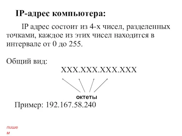 IP-адрес компьютера: IP адрес состоит из 4-х чисел, разделенных точками, каждое