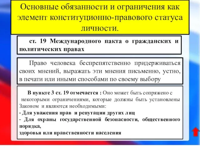 Основные обязанности и ограничения как элемент конституционно-правового статуса личности. ст. 19