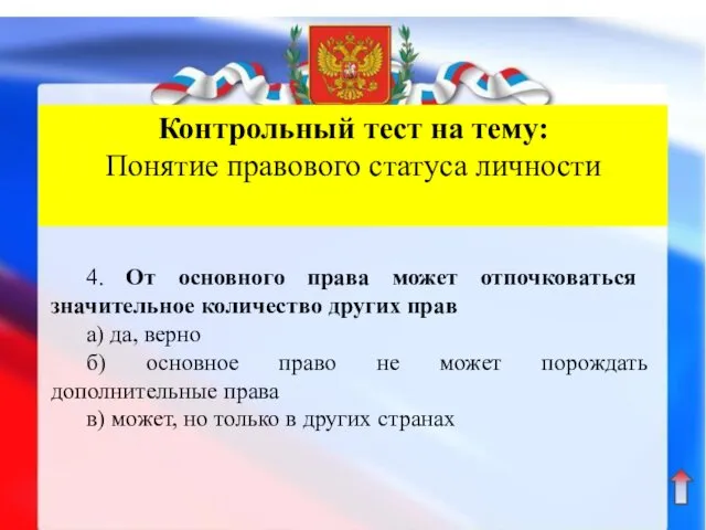 Контрольный тест на тему: Понятие правового статуса личности 4. От основного