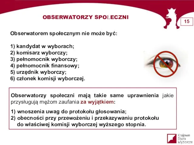 OBSERWATORZY SPOŁECZNI Obserwatorem społecznym nie może być: 1) kandydat w wyborach;