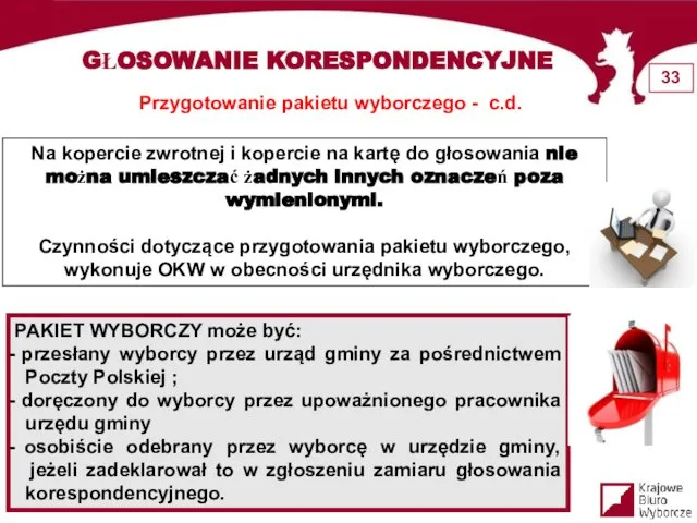 GŁOSOWANIE KORESPONDENCYJNE Przygotowanie pakietu wyborczego - c.d. Na kopercie zwrotnej i