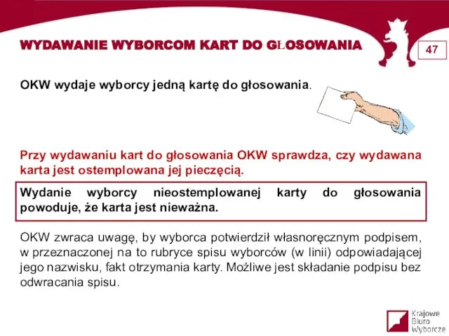 OKW wydaje wyborcy jedną kartę do głosowania. Przy wydawaniu kart do