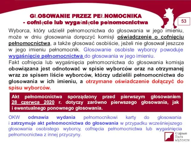 GŁOSOWANIE PRZEZ PEŁNOMOCNIKA - cofnięcie lub wygaśnięcie pełnomocnictwa Wyborca, który udzielił