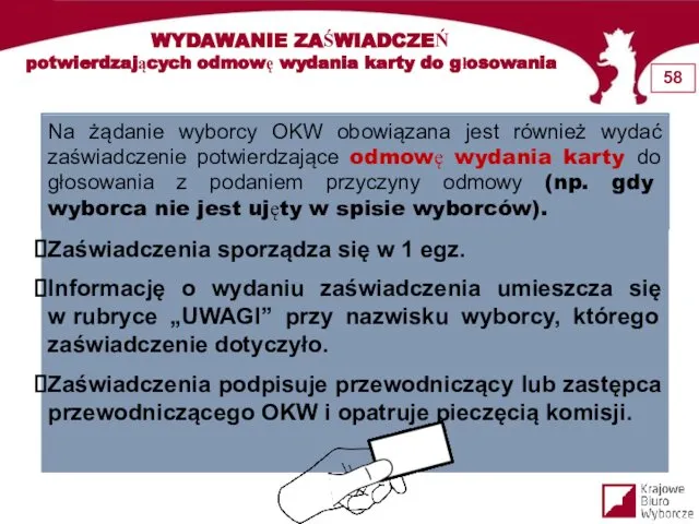 WYDAWANIE ZAŚWIADCZEŃ potwierdzających odmowę wydania karty do głosowania Na żądanie wyborcy