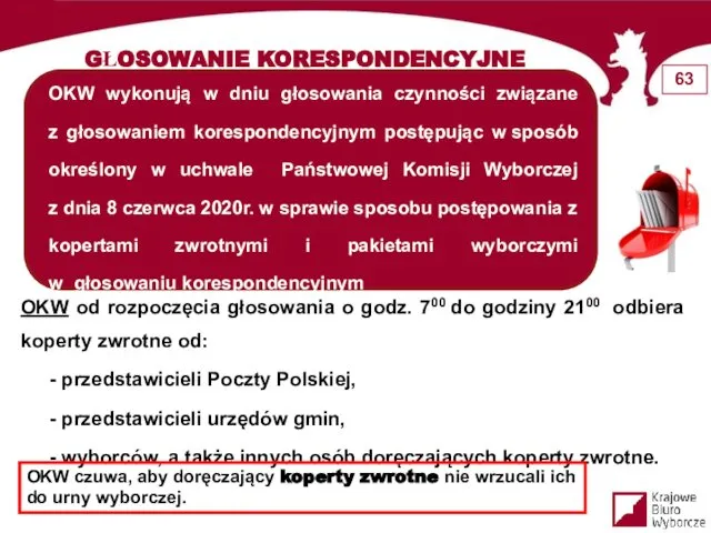 GŁOSOWANIE KORESPONDENCYJNE OKW wykonują w dniu głosowania czynności związane z głosowaniem