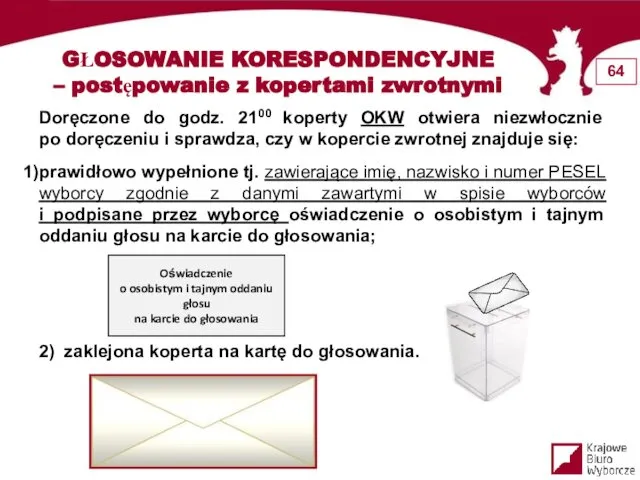 GŁOSOWANIE KORESPONDENCYJNE – postępowanie z kopertami zwrotnymi Doręczone do godz. 2100