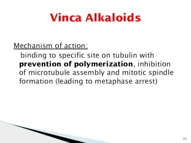 Vinca Alkaloids Mechanism of action: binding to specific site on tubulin