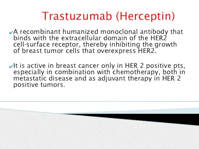 Trastuzumab (Herceptin) A recombinant humanized monoclonal antibody that binds with the