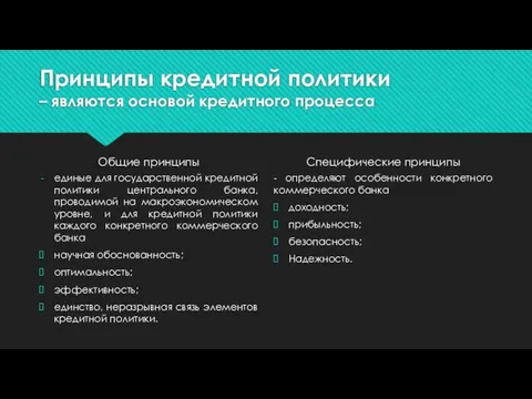 Принципы кредитной политики – являются основой кредитного процесса Общие принципы единые