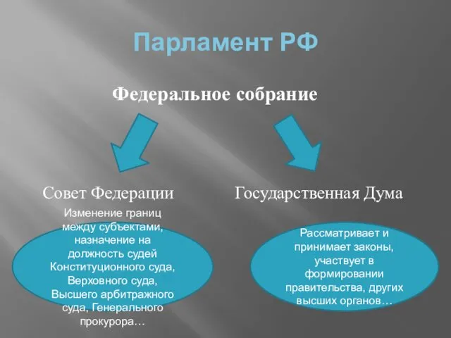 Парламент РФ Федеральное собрание Совет Федерации Государственная Дума Рассматривает и принимает