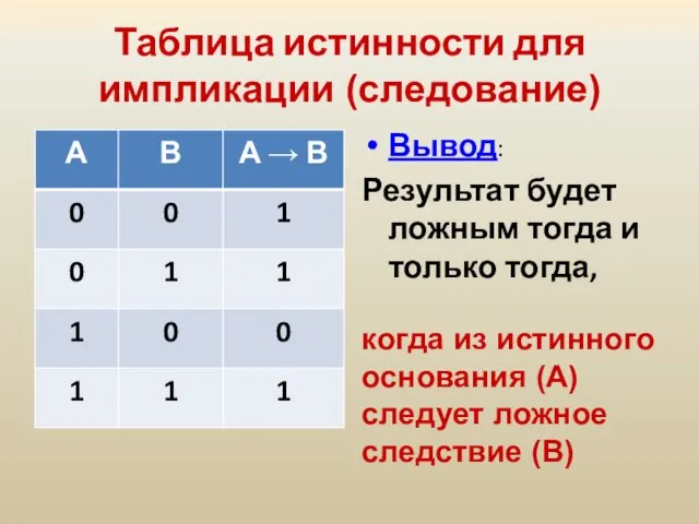 Таблица истинности для импликации (следование) Вывод: Результат будет ложным тогда и