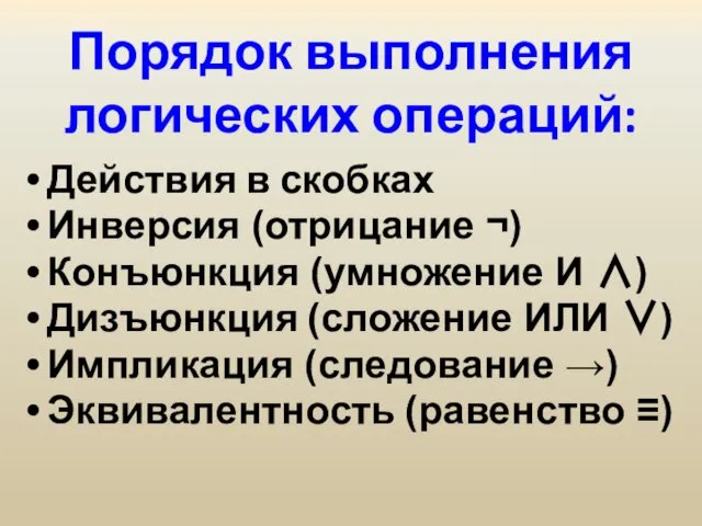 Порядок выполнения логических операций: Действия в скобках Инверсия (отрицание ¬) Конъюнкция