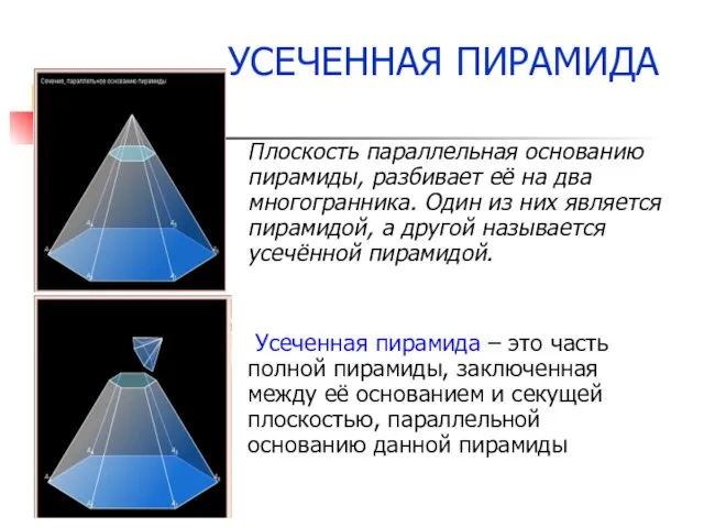 УСЕЧЕННАЯ ПИРАМИДА Плоскость параллельная основанию пирамиды, разбивает её на два многогранника.
