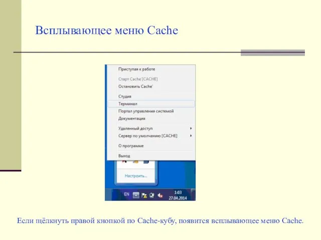 Всплывающее меню Cache Если щёлкнуть правой кнопкой по Cache-кубу, появится всплывающее меню Cache.