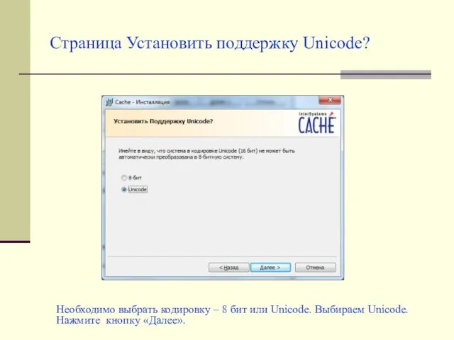 Страница Установить поддержку Unicode? Необходимо выбрать кодировку – 8 бит или