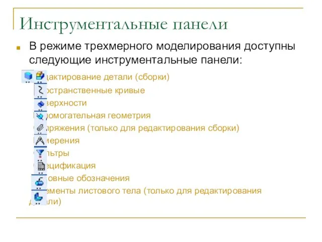 Инструментальные панели В режиме трехмерного моделирования доступны следующие инструментальные панели: Редактирование