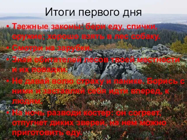 Итоги первого дня Таежные законы: бери еду, спички, оружие; хорошо взять