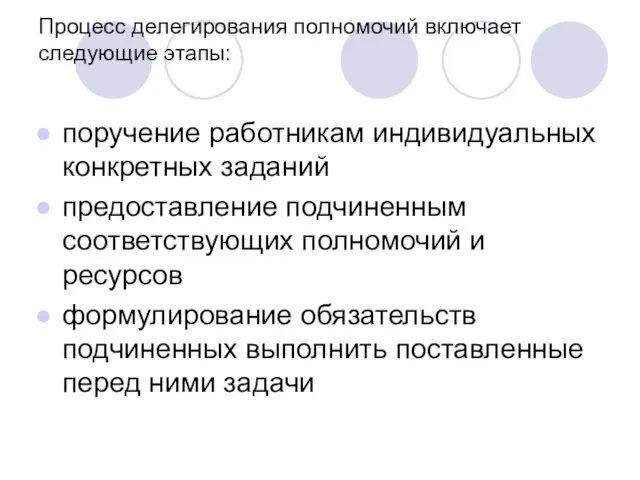 Процесс делегирования полномочий включает следующие этапы: поручение работникам индивидуальных конкретных заданий