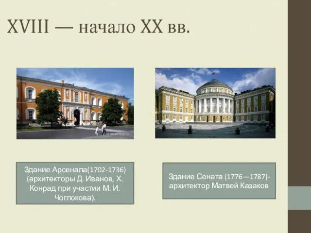 XVIII — начало XX вв. Здание Арсенала(1702-1736) (архитекторы Д. Иванов, Х.