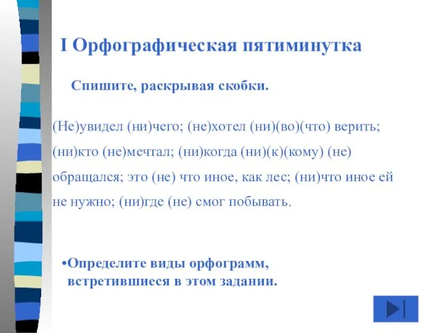 I Орфографическая пятиминутка Спишите, раскрывая скобки. (Не)увидел (ни)чего; (не)хотел (ни)(во)(что) верить;