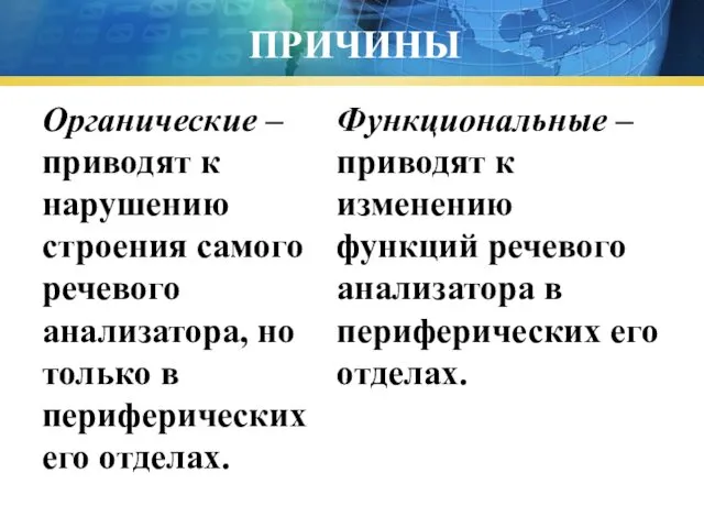 ПРИЧИНЫ Органические – приводят к нарушению строения самого речевого анализатора, но