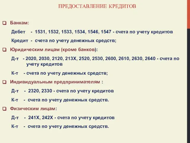 ПРЕДОСТАВЛЕНИЕ КРЕДИТОВ Банкам: Дебет - 1531, 1532, 1533, 1534, 1546, 1547