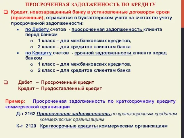 ПРОСРОЧЕННАЯ ЗАДОЛЖЕННОСТЬ ПО КРЕДИТУ Кредит, невозвращенный банку в установленные договором сроки