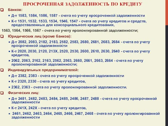 ПРОСРОЧЕННАЯ ЗАДОЛЖЕННОСТЬ ПО КРЕДИТУ Банков: Д-т 1583, 1584, 1586, 1587 -