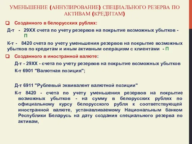 УМЕНЬШЕНИЕ (АННУЛИРОВАНИЕ) СПЕЦИАЛЬНОГО РЕЗЕРВА ПО АКТИВАМ (КРЕДИТАМ) Созданного в белорусских рублях: