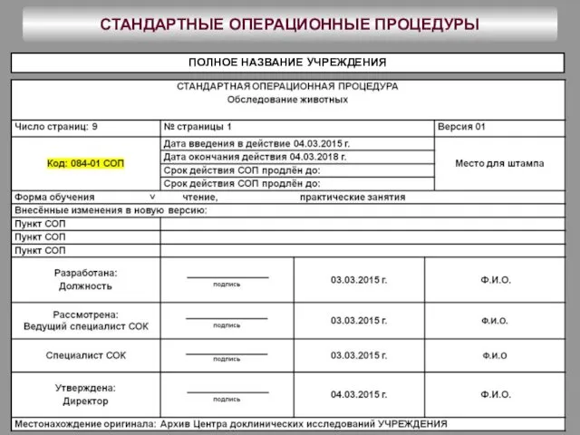 ПОЛНОЕ НАЗВАНИЕ УЧРЕЖДЕНИЯ СТАНДАРТНЫЕ ОПЕРАЦИОННЫЕ ПРОЦЕДУРЫ